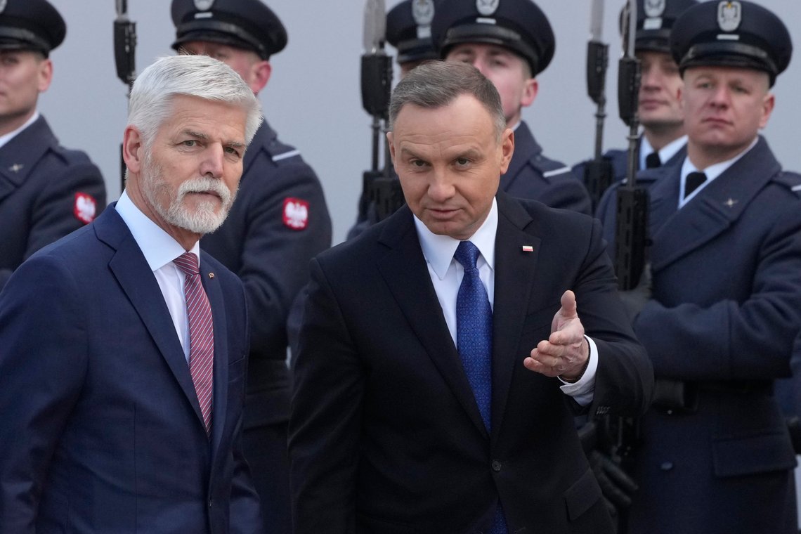 Poland's President Andrzej Duda, right, welcomes Czech Republic's President Petr Pavel as they meet at the Presidential Palace in Warsaw, Poland, Thursday, March 16, 2023. (AP Photo/Czarek Sokolowski) Poland's President Andrzej Duda, right, welcomes Czech Republic's President Petr Pavel as they meet at the Presidential Palace in Warsaw, Poland, Thursday, March 16, 2023. (AP Photo/Czarek Sokolowski)
