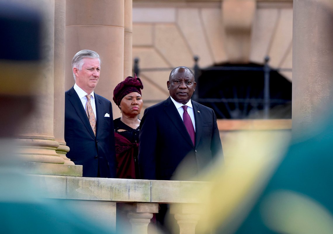 King Philippe of Belgium , left. and South African President Cyril Ramaphosa, right, listen to national anthems at a welcoming ceremony in Pretoria, South Africa, Thursday, March 23, 2023. The King and Queen Mathilde are on a four-day state visit to South Africa. (AP Photo/Frans Sello waga Machat) King Philippe of Belgium , left. and South African President Cyril Ramaphosa, right, listen to national anthems at a welcoming ceremony in Pretoria, South Africa, Thursday, March 23, 2023. The King and Queen Mathilde are on a four-day state visit to South Africa. (AP Photo/Frans Sello waga Machat)