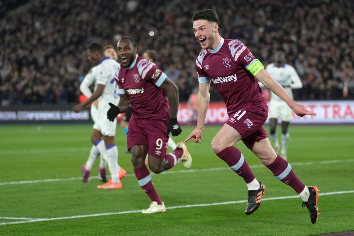 Declan Rice jubler for sin scoring i West Hams 4-1-seier over Gent. Foto: Kin Cheung, AP / NTB Declan Rice jubler for sin scoring i West Hams 4-1-seier over Gent. Foto: Kin Cheung, AP / NTB