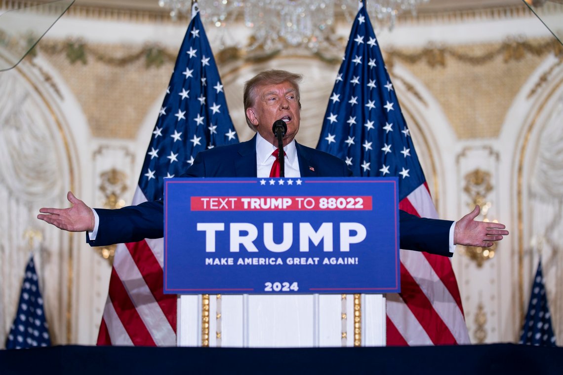 Former President Donald Trump speaks at his Mar-a-Lago estate Tuesday, April 4, 2023, in Palm Beach, Fla., after being arraigned earlier in the day in New York City. (AP Photo/Evan Vucci) Former President Donald Trump speaks at his Mar-a-Lago estate Tuesday, April 4, 2023, in Palm Beach, Fla., after being arraigned earlier in the day in New York City. (AP Photo/Evan Vucci)