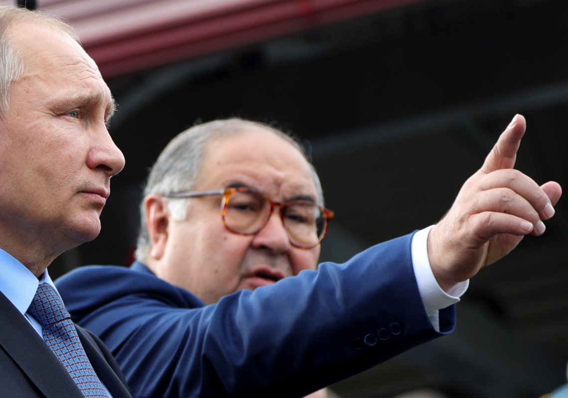 FILE - Russian businessman and founder of USM Holdings, Alisher Usmanov, points while speaking to Russian President Vladimir Putin, left, at the Lebedinsky GOK JSC, in Gubkin, Belgorod Region, Russia, July 14, 2017. The U.S. Treasury Department on April 12, 2023, announced new sanctions aimed at Usmanov, targeting the financial network of one of Russia's wealthiest businessmen. (Mikhail Klimentyev, Sputnik, Kremlin Pool Photo via AP) FILE - Russian businessman and founder of USM Holdings, Alisher Usmanov, points while speaking to Russian President Vladimir Putin, left, at the Lebedinsky GOK JSC, in Gubkin, Belgorod Region, Russia, July 14, 2017. The U.S. Treasury Department on April 12, 2023, announced new sanctions aimed at Usmanov, targeting the financial network of one of Russia's wealthiest businessmen. (Mikhail Klimentyev, Sputnik, Kremlin Pool Photo via AP)