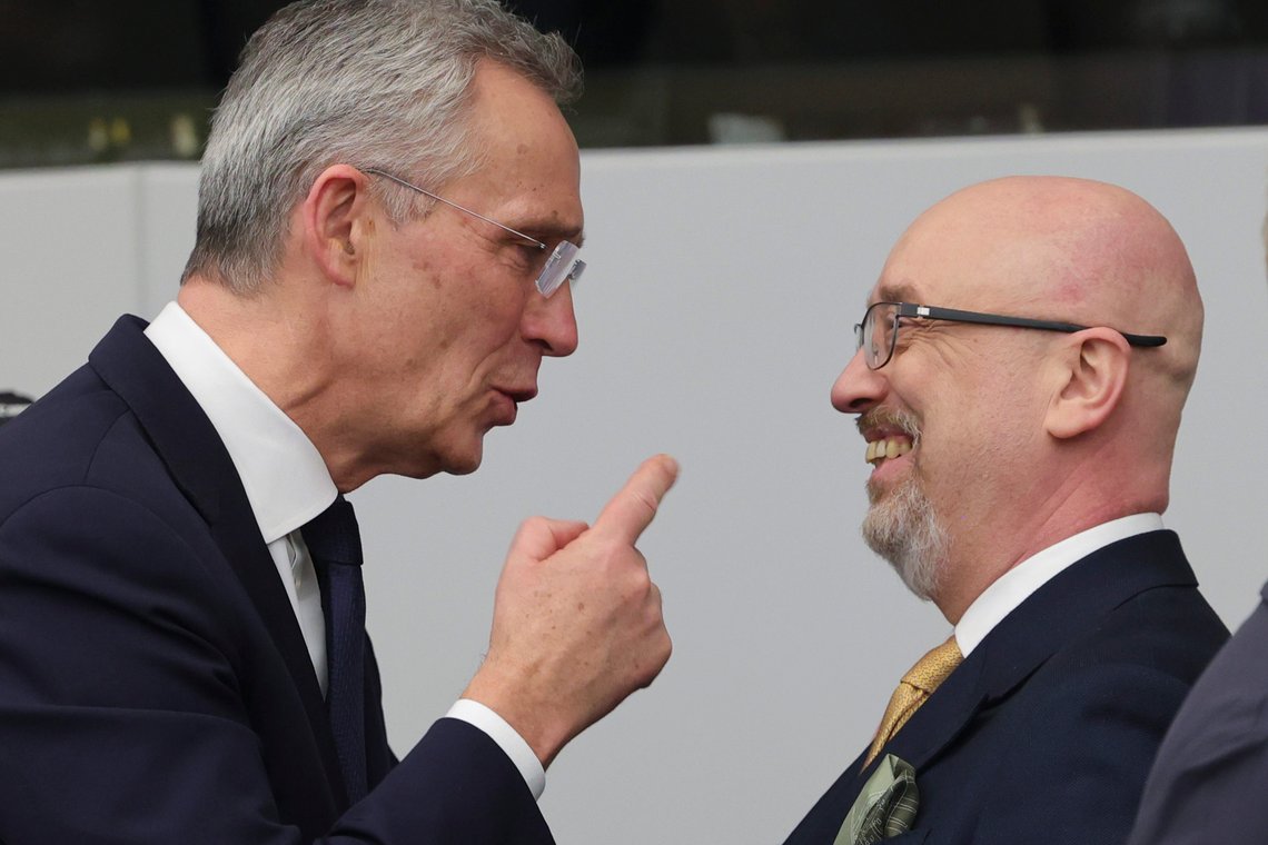 NATO Secretary General Jens Stoltenberg gestures when talking to Ukraine's Defense Minister Oleksiy Reznikov during the North Atlantic Council round table meeting of NATO defense ministers at NATO headquarters in Brussels, Tuesday, Feb. 14, 2023. (AP Photo/Olivier Matthys) NATO Secretary General Jens Stoltenberg gestures when talking to Ukraine's Defense Minister Oleksiy Reznikov during the North Atlantic Council round table meeting of NATO defense ministers at NATO headquarters in Brussels, Tuesday, Feb. 14, 2023. (AP Photo/Olivier Matthys)
