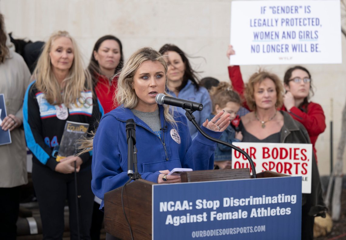 Former University of Kentucky swimmer Riley Gaines speaks at a rally on Thursday, Jan. 12, 2023, outside of the NCAA Convention in San Antonio. (AP Photo/Darren Abate) Former University of Kentucky swimmer Riley Gaines speaks at a rally on Thursday, Jan. 12, 2023, outside of the NCAA Convention in San Antonio. (AP Photo/Darren Abate)