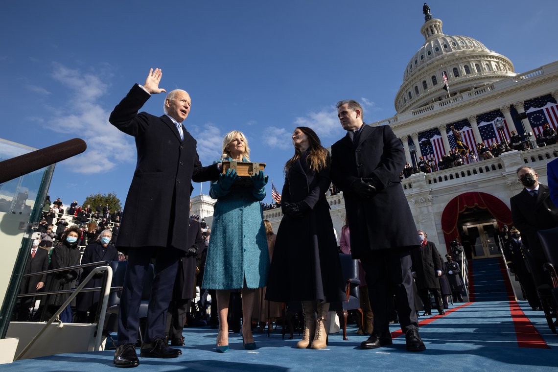 President Joe Biden, joined by First Lady Jill Biden and their children Ashley Biden and Hunter Biden, takes the oath of office as President of the United States Wednesday, Jan. 20, 2021, during the 59th Presidential Inauguration at the U.S. Capitol in Washington, D.C. (Official White House Photo by Chuck Kennedy) Photo: Wikimedia Commons, for public use. President Joe Biden, joined by First Lady Jill Biden and their children Ashley Biden and Hunter Biden, takes the oath of office as President of the United States Wednesday, Jan. 20, 2021, during the 59th Presidential Inauguration at the U.S. Capitol in Washington, D.C. (Official White House Photo by Chuck Kennedy) Photo: Wikimedia Commons, for public use.