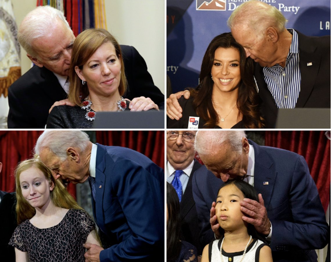 Joe Biden, «Creepy Joe», later som han bryr seg om kvinners rettigheter, men er mest interessert i å lukte på hår mens han prioriterer kjønnsforvirrede gutter og menn fremfor jenter og kvinner. Skjermdump ulike videoer Joe Biden, «Creepy Joe», later som han bryr seg om kvinners rettigheter, men er mest interessert i å lukte på hår mens han prioriterer kjønnsforvirrede gutter og menn fremfor jenter og kvinner. Skjermdump ulike videoer
