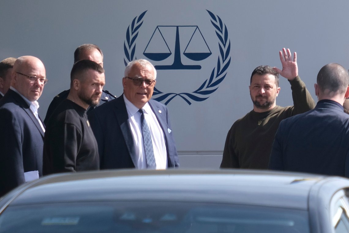 Ukrainian President Volodymyr Zelenskyy waves as he leaves the International Criminal Court in The Hague, Netherlands, Thursday, May 4, 2023. (AP Photo/Michael Corder) Ukrainian President Volodymyr Zelenskyy waves as he leaves the International Criminal Court in The Hague, Netherlands, Thursday, May 4, 2023. (AP Photo/Michael Corder)