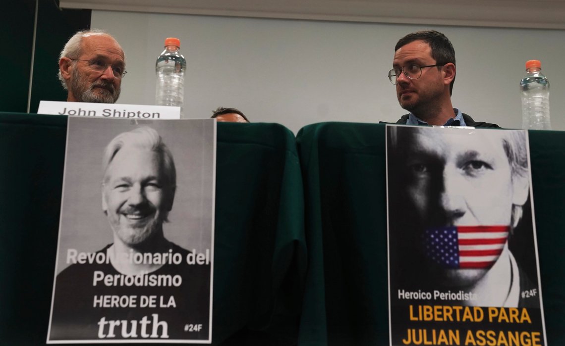 John Shipton Sr. and Gabriel Shipton, the father and brother respectively, of Julian Assange participate in an event sponsored by the Mexican ruling party Morena at the Unión Telefónica headquarters, entitled "Freedom for Julian Asange: a global struggle," in Mexico City, Wednesday, Sept. 14, 2022. (AP Photo/Marco Ugarte) John Shipton Sr. and Gabriel Shipton, the father and brother respectively, of Julian Assange participate in an event sponsored by the Mexican ruling party Morena at the Unión Telefónica headquarters, entitled "Freedom for Julian Asange: a global struggle," in Mexico City, Wednesday, Sept. 14, 2022. (AP Photo/Marco Ugarte)