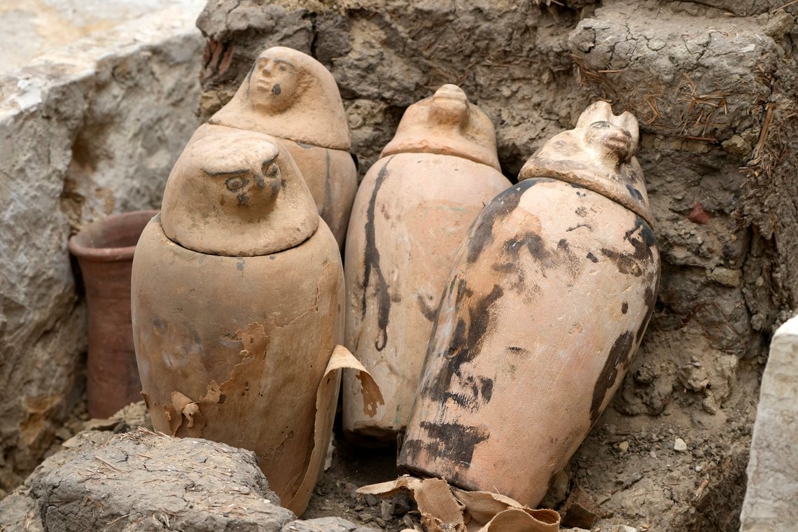 Canopic jars, which were made to contain organs that were removed from the body in the process of mummification, are seen at the site of the Step Pyramid of Djoser in Saqqara, 24 kilometers (15 miles) southwest of Cairo, Egypt, Saturday, May 27, 2023. Saqqara is a part of Egypt's ancient capital of Memphis, a UNESCO World Heritage site. (AP Photo/Amr Nabil) Canopic jars, which were made to contain organs that were removed from the body in the process of mummification, are seen at the site of the Step Pyramid of Djoser in Saqqara, 24 kilometers (15 miles) southwest of Cairo, Egypt, Saturday, May 27, 2023. Saqqara is a part of Egypt's ancient capital of Memphis, a UNESCO World Heritage site. (AP Photo/Amr Nabil)