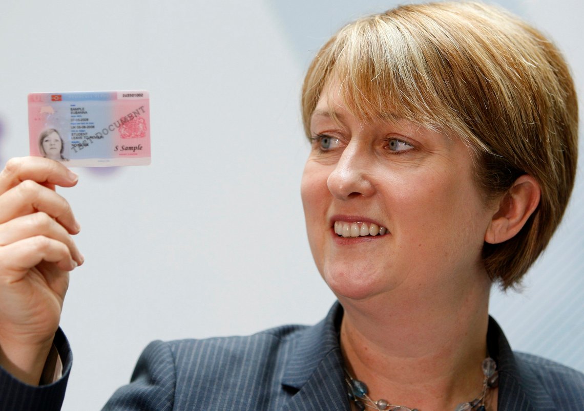 Britain's Home Secretary Jacqui Smith displays a specimen ID card at a press conference where she unveiled the first UK Identity Card, which will be issued to foreign nationals from Nov. 2008 in London, Thursday, Sept. 25, 2008. (AP Photo/Kirsty Wigglesworth) Britain's Home Secretary Jacqui Smith displays a specimen ID card at a press conference where she unveiled the first UK Identity Card, which will be issued to foreign nationals from Nov. 2008 in London, Thursday, Sept. 25, 2008. (AP Photo/Kirsty Wigglesworth)