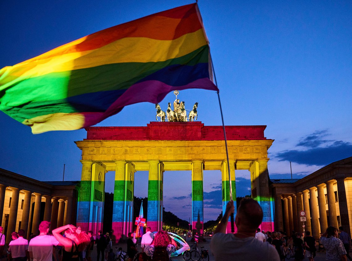 FILE - Brandenburg Gate in Berlin is illuminated in rainbow colors, Sunday, June 26, 2022. The German government on Tuesday presented a proposal for a law that will make it easier for transgender people to legally change their name and gender, ending decades-old rules that require them to get expert assessments and a court’s authorization.(Annette Riedl/dpa via AP, File) FILE - Brandenburg Gate in Berlin is illuminated in rainbow colors, Sunday, June 26, 2022. The German government on Tuesday presented a proposal for a law that will make it easier for transgender people to legally change their name and gender, ending decades-old rules that require them to get expert assessments and a court’s authorization.(Annette Riedl/dpa via AP, File)