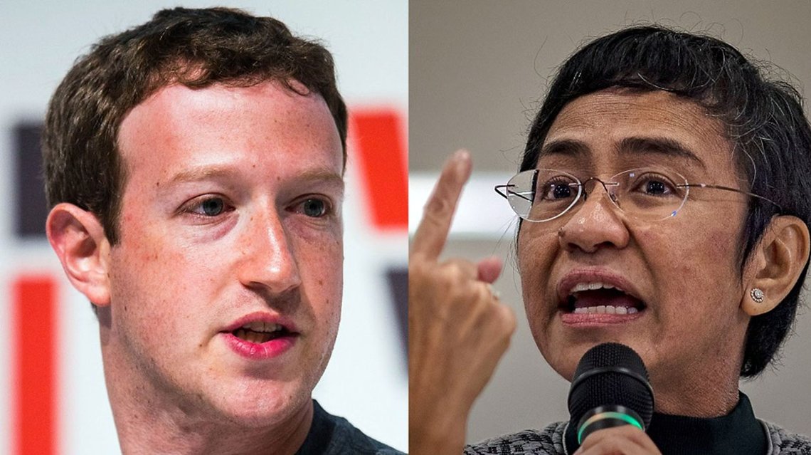 Maria Angelita Ressa som i 2021 ble tildelt Nobels fredspris, sammenligner Facebooks administrerende direktør Mark Zuckerberg med en diktator. Skjermbilde Twitter / BBC Maria Angelita Ressa som i 2021 ble tildelt Nobels fredspris, sammenligner Facebooks administrerende direktør Mark Zuckerberg med en diktator. Skjermbilde Twitter / BBC