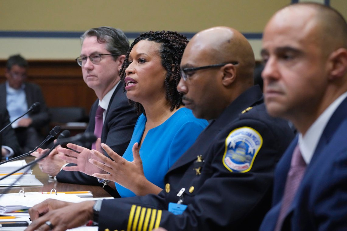 District of Columbia Mayor Muriel Bowser, second from left, with from left, City Administrator Kevin Donahue, Metropolitan Police Chief Robert Contee and U.S. Attorney for the District of Columbia Matthew Graves, testifies before a House Committee on Oversight and Accountability hearing, Tuesday, May 16, 2023, in Washington. (AP Photo/Manuel Balce Ceneta) District of Columbia Mayor Muriel Bowser, second from left, with from left, City Administrator Kevin Donahue, Metropolitan Police Chief Robert Contee and U.S. Attorney for the District of Columbia Matthew Graves, testifies before a House Committee on Oversight and Accountability hearing, Tuesday, May 16, 2023, in Washington. (AP Photo/Manuel Balce Ceneta)