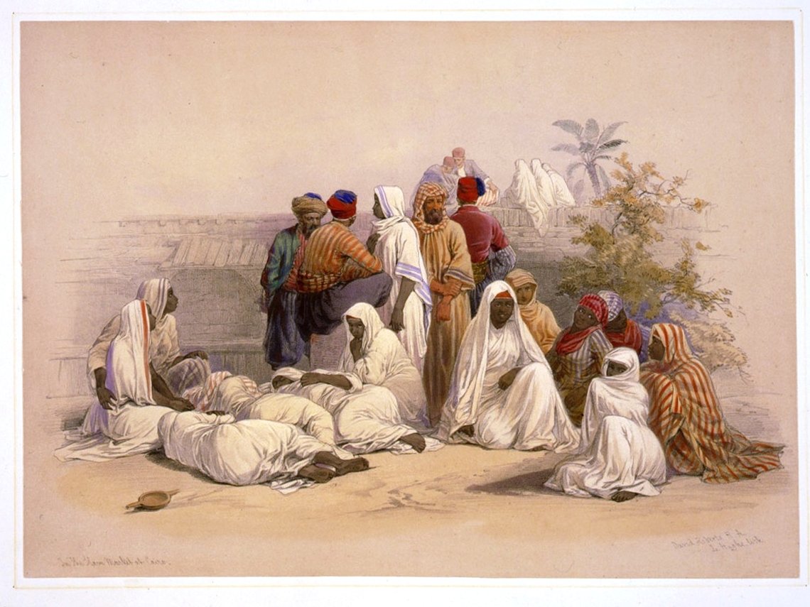 Et slavemarked i Kairo. Tegning av David Roberts, ca. 1848. Et slavemarked i Kairo. Tegning av David Roberts, ca. 1848.