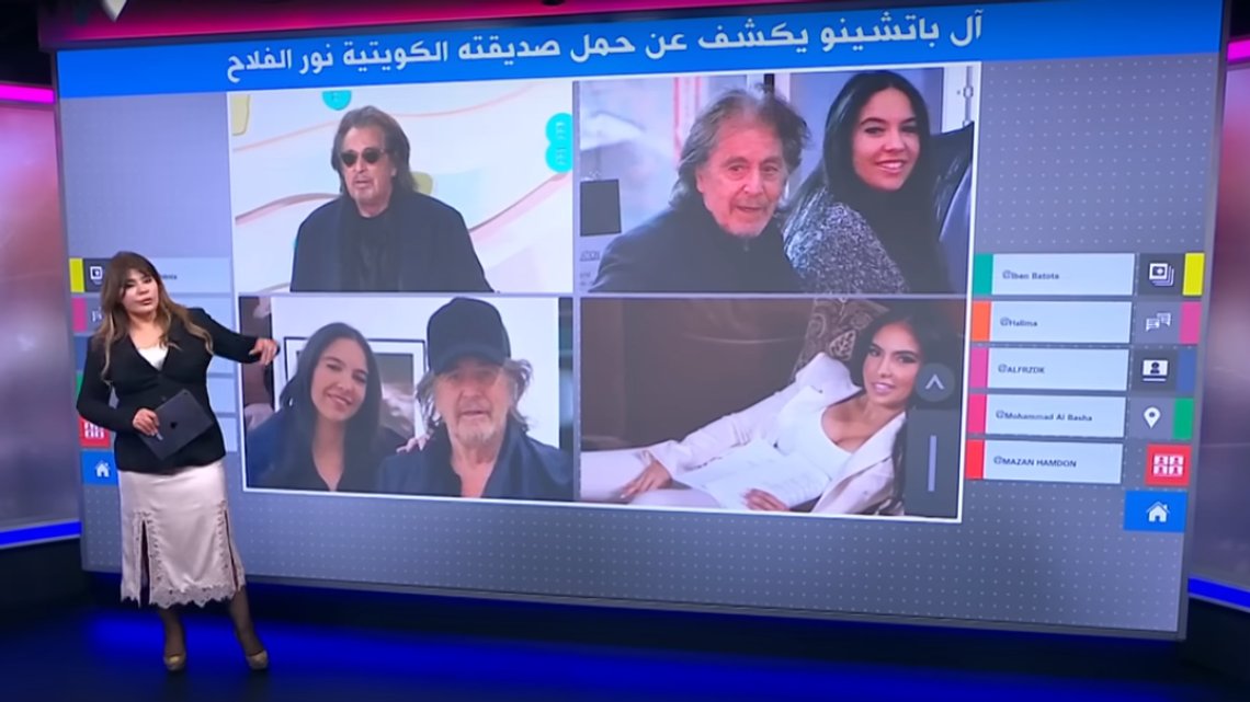At selveste Al Pacino (83) har fått et barn med den kuwaitisk-amerikanske celebritets-jegerinnen Noor Alfallah (29) er også en stor nyhet i den arabiske verden. Hvorvidt paret er lovformelig gift og hvorvidt faren har måttet konvertere til islam, er det ennå ikke blitt fokusert på. Skjermdump: BBC Arabic / YouTube At selveste Al Pacino (83) har fått et barn med den kuwaitisk-amerikanske celebritets-jegerinnen Noor Alfallah (29) er også en stor nyhet i den arabiske verden. Hvorvidt paret er lovformelig gift og hvorvidt faren har måttet konvertere til islam, er det ennå ikke blitt fokusert på. Skjermdump: BBC Arabic / YouTube