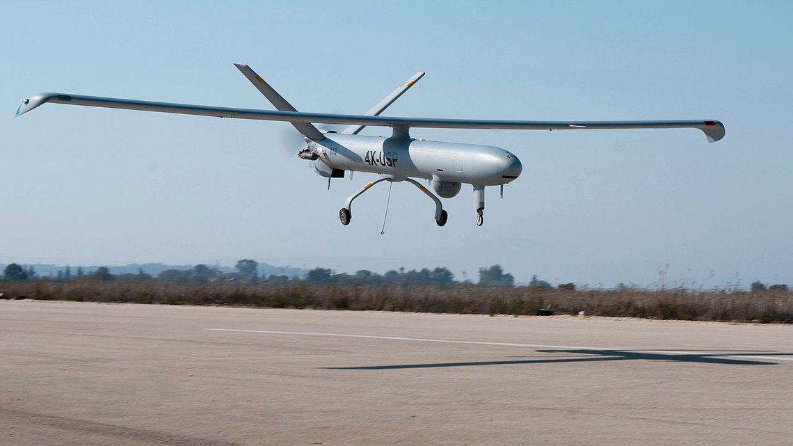 Droner sto for 25 prosent av Israels våpeneksport i 2022. Her Elbit Systems Hermes-450 ubemannet fly under takeoff. Foto: Nehemia Gershuni-Aylho Droner sto for 25 prosent av Israels våpeneksport i 2022. Her Elbit Systems Hermes-450 ubemannet fly under takeoff. Foto: Nehemia Gershuni-Aylho