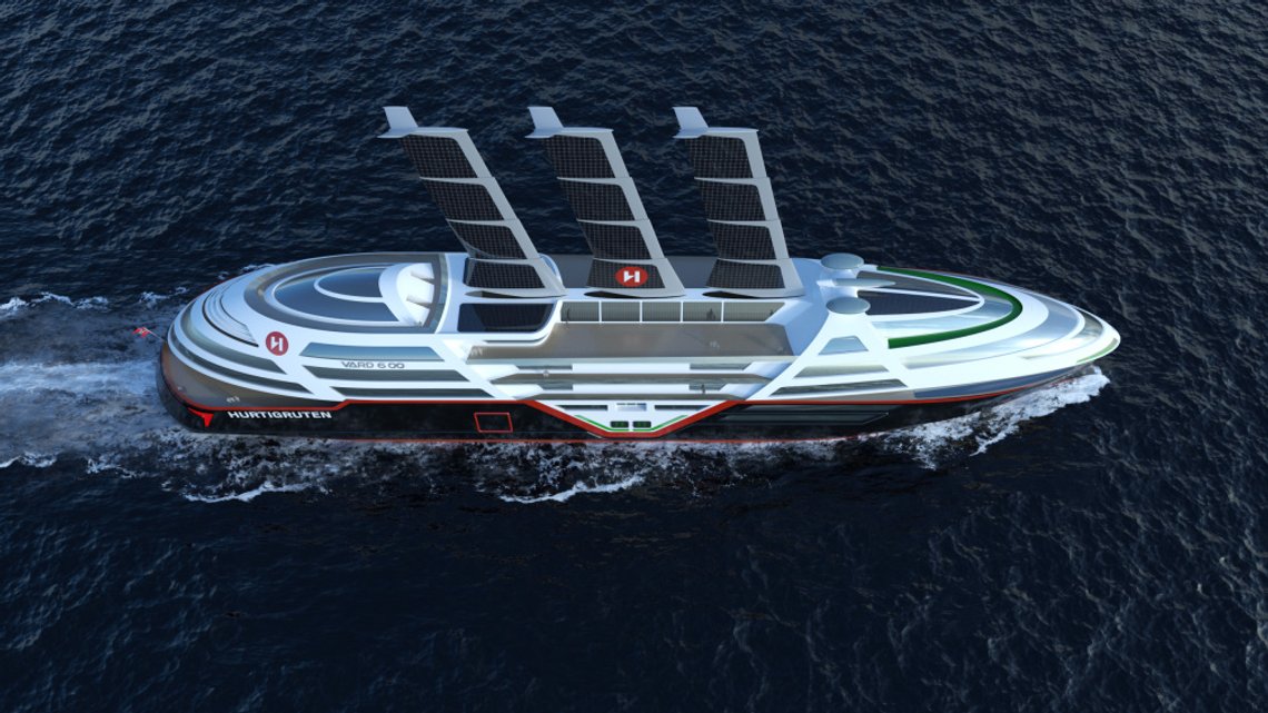 Hurtigruten Norge planlegger skip med enorme seil dekket av solcellepaneler og batterier. Foto: Vard Design / Hurtigruten / NTB Hurtigruten Norge planlegger skip med enorme seil dekket av solcellepaneler og batterier. Foto: Vard Design / Hurtigruten / NTB