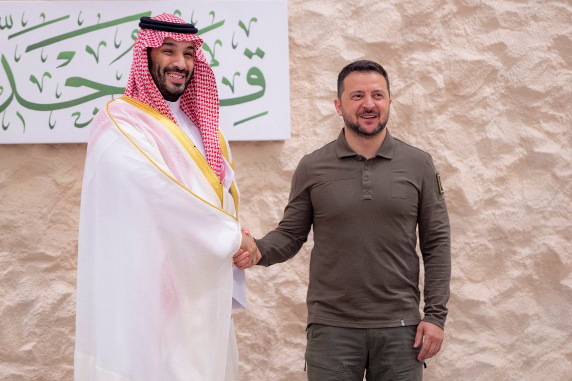 FILE - In this photo provided by Saudi Press Agency, SPA, Saudi Crown Prince Mohammed bin Salman greets Ukraine's President Volodymyr Zelenskyy, right, during the Arab summit in Jeddah, Saudi Arabia, Friday, May 19, 2023. While the world awaits Ukraine's spring offensive, its leader Volodymyr Zelenskyy has already launched a diplomatic one. In a span of a week, he has dashed to Italy, the Vatican, Germany, France and Britain to shore up support for the defense of his country. On Friday, May 19, 2023, he was in Saudi Arabia to meet with Arab leaders, some of whom are allies with Moscow. (Saudi Press Agency via AP, File) FILE - In this photo provided by Saudi Press Agency, SPA, Saudi Crown Prince Mohammed bin Salman greets Ukraine's President Volodymyr Zelenskyy, right, during the Arab summit in Jeddah, Saudi Arabia, Friday, May 19, 2023. While the world awaits Ukraine's spring offensive, its leader Volodymyr Zelenskyy has already launched a diplomatic one. In a span of a week, he has dashed to Italy, the Vatican, Germany, France and Britain to shore up support for the defense of his country. On Friday, May 19, 2023, he was in Saudi Arabia to meet with Arab leaders, some of whom are allies with Moscow. (Saudi Press Agency via AP, File)