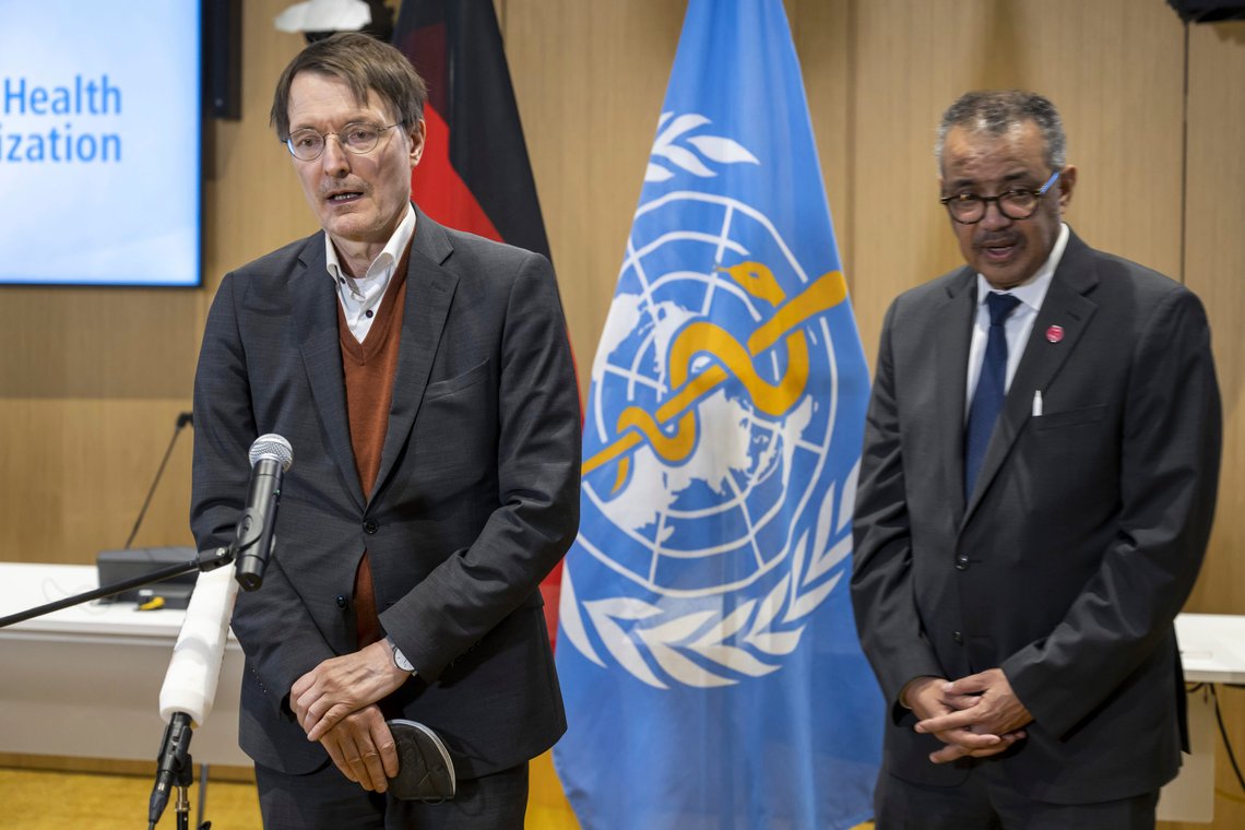 Germany's Health Minister, Karl Lauterbach, left, and the Director General of the World Health Organization (WHO), Tedros Adhanom Ghebreyesus, right, address the media during a press conference after a visit at the WHO headquarters in Geneva, Switzerland, Thursday, Feb. 2, 2023. (Martial Trezzini/Keystone via AP) Germany's Health Minister, Karl Lauterbach, left, and the Director General of the World Health Organization (WHO), Tedros Adhanom Ghebreyesus, right, address the media during a press conference after a visit at the WHO headquarters in Geneva, Switzerland, Thursday, Feb. 2, 2023. (Martial Trezzini/Keystone via AP)
