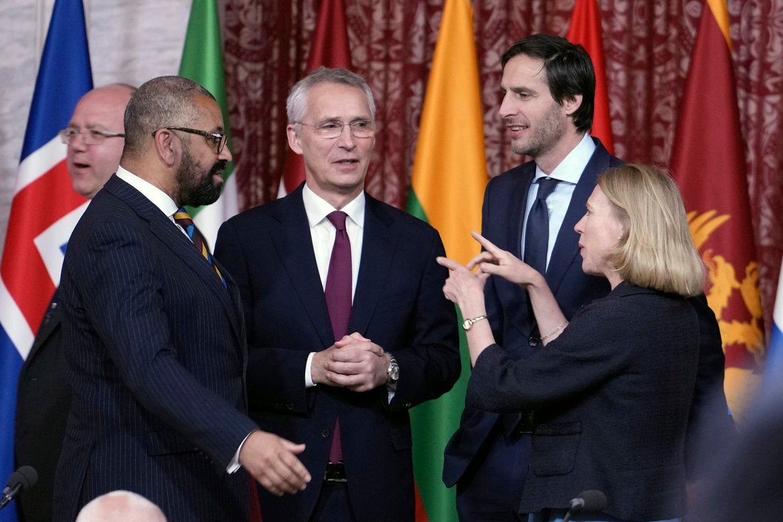 NATO Secretary-General Jens Stoltenberg, third from left,, shares a word with British Foreign Minister James Cleverly, second from left, Dutch Foreign Minister Wopke Hoekstra, second from right, and Norway's Foreign Minister Anniken Huitfeldt, during a meeting of NATO's foreign ministers in Oslo, Thursday, June 1, 2023. (Javad Parsa/Pool Photo via AP) NATO Secretary-General Jens Stoltenberg, third from left,, shares a word with British Foreign Minister James Cleverly, second from left, Dutch Foreign Minister Wopke Hoekstra, second from right, and Norway's Foreign Minister Anniken Huitfeldt, during a meeting of NATO's foreign ministers in Oslo, Thursday, June 1, 2023. (Javad Parsa/Pool Photo via AP)
