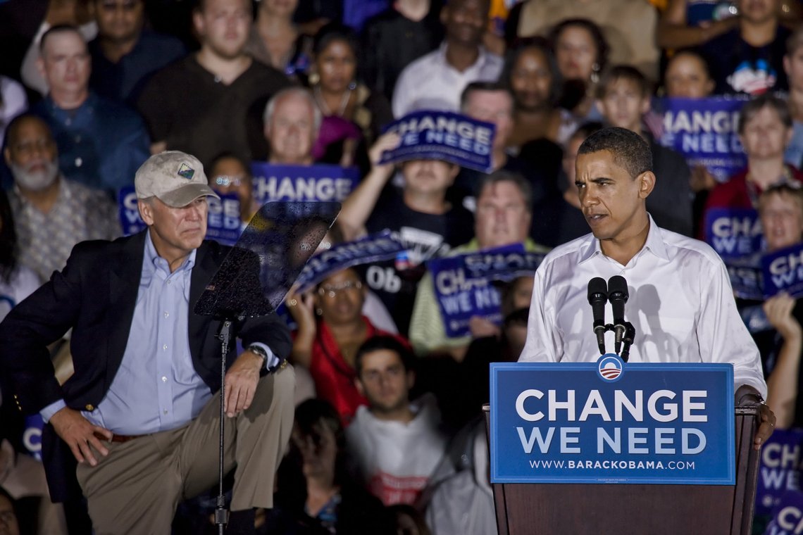 FREDERICKSBURG,VA - SEPT 27: Democratic presidential candidate Barack Obama (R) speaks to supporters while VP candidate Biden looks on at a rally on September 27, 2008 in Fredericksburg, Virginia. Photo: Shutterstock by K2 Images. FREDERICKSBURG,VA - SEPT 27: Democratic presidential candidate Barack Obama (R) speaks to supporters while VP candidate Biden looks on at a rally on September 27, 2008 in Fredericksburg, Virginia. Photo: Shutterstock by K2 Images.