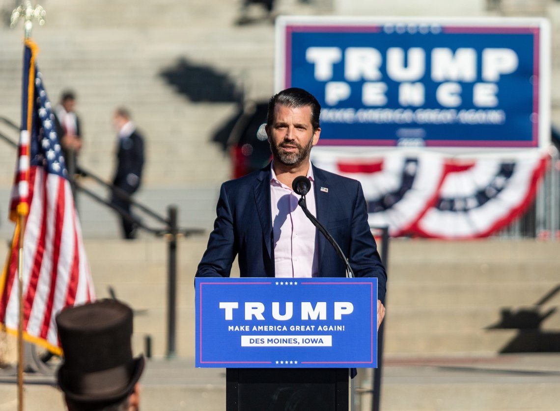Des Moines, IA/USA October 13, 2020 - Donald Trump Jr holds a rally at the Iowa State Capitol for his father, President Donald Trump. Photo: Shutterstock by Chris Manning. Des Moines, IA/USA October 13, 2020 - Donald Trump Jr holds a rally at the Iowa State Capitol for his father, President Donald Trump. Photo: Shutterstock by Chris Manning.