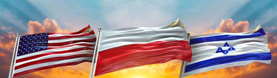 Triple Flag United States of America and Israel and Poland. Photo: Shutterstock by Flag World. Triple Flag United States of America and Israel and Poland. Photo: Shutterstock by Flag World.