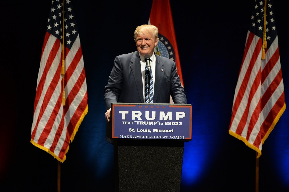 Saint Louis, MO, USA - March 11, 2016: Donald Trump smiles to supporters at the Peabody Opera House in Downtown Saint Louis. Photo: Shutterstock by Gino Santa Maria, United States. Saint Louis, MO, USA - March 11, 2016: Donald Trump smiles to supporters at the Peabody Opera House in Downtown Saint Louis. Photo: Shutterstock by Gino Santa Maria, United States.