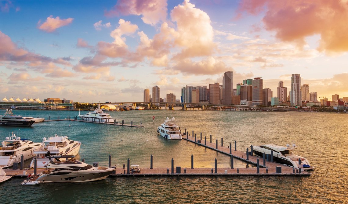 Downtown Miami, Florida, USA, and the port, seen from MacArthur Causeway at sunset. Photo: Shutterstock by Dreamframer. Downtown Miami, Florida, USA, and the port, seen from MacArthur Causeway at sunset. Photo: Shutterstock by Dreamframer.