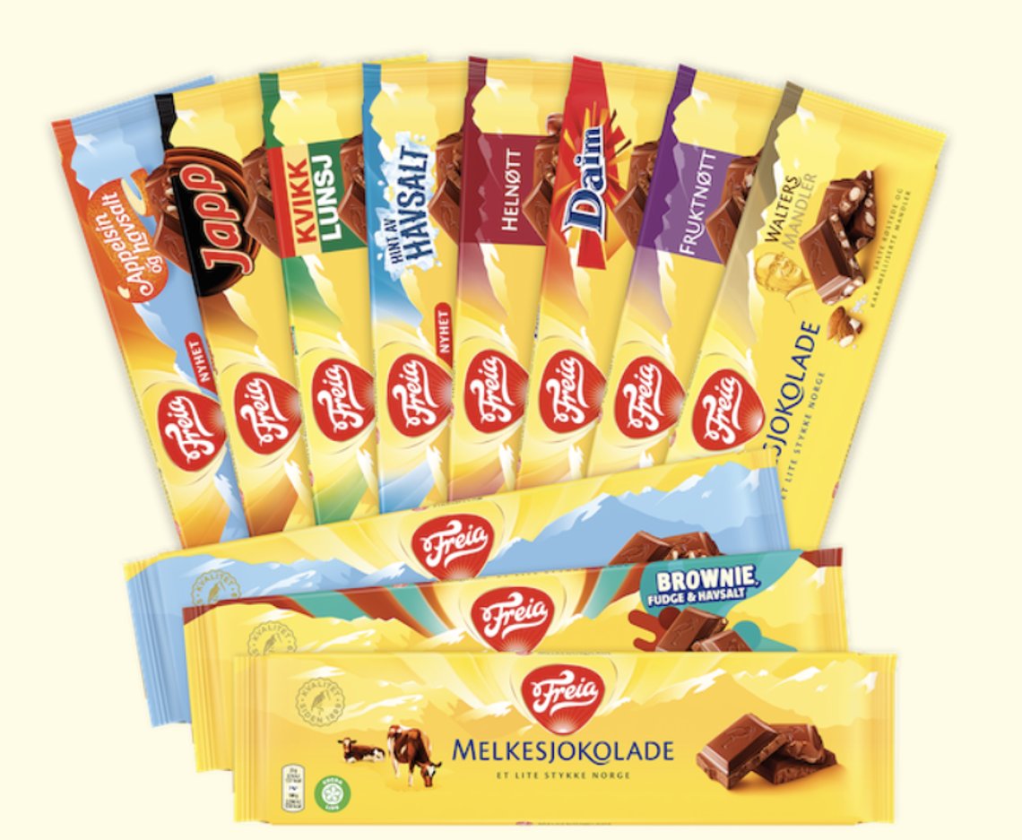 Et lite utvalg av Freias produkter, som snart ikke vil ligge i en eneste norsk butikkhylle. Skjermdump Freia Et lite utvalg av Freias produkter, som snart ikke vil ligge i en eneste norsk butikkhylle. Skjermdump Freia