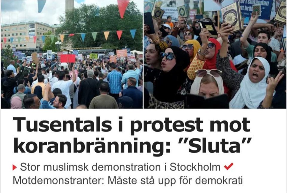 Tusenvis av muslimer samlet seg søndag på Medborgarplatsen i Stockholm for å kreve at Koranen beskyttes mot overgrep.
Foto: Skjermdump Aftonbladet Tusenvis av muslimer samlet seg søndag på Medborgarplatsen i Stockholm for å kreve at Koranen beskyttes mot overgrep.
Foto: Skjermdump Aftonbladet