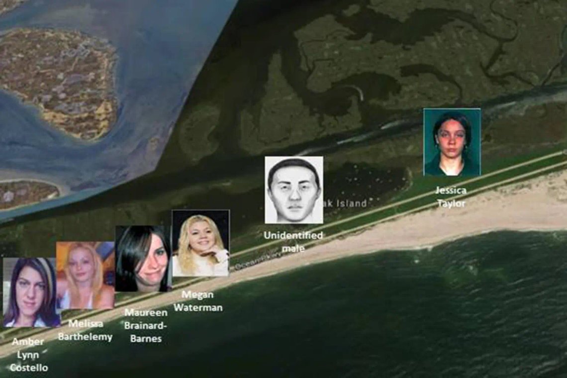 A map showing the location of the victims found in and around Gilgo Beach on Long Island. Photo: Suffolk County Police Department. A map showing the location of the victims found in and around Gilgo Beach on Long Island. Photo: Suffolk County Police Department.