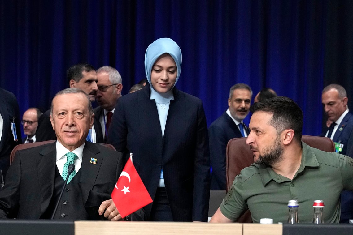 Turkish President Recep Tayyip Erdogan, left, and Ukraine's President Volodymyr Zelenskyy wait for the start of a meeting of the NATO-Ukraine Council during a NATO summit in Vilnius, Lithuania, Wednesday, July 12, 2023. NATO leaders gathered Wednesday to launch a highly symbolic new forum for ties with Ukraine, after committing to provide the country with more military assistance for fighting Russia but only vague assurances of future membership. (AP Photo/Pavel Golovkin) Turkish President Recep Tayyip Erdogan, left, and Ukraine's President Volodymyr Zelenskyy wait for the start of a meeting of the NATO-Ukraine Council during a NATO summit in Vilnius, Lithuania, Wednesday, July 12, 2023. NATO leaders gathered Wednesday to launch a highly symbolic new forum for ties with Ukraine, after committing to provide the country with more military assistance for fighting Russia but only vague assurances of future membership. (AP Photo/Pavel Golovkin)