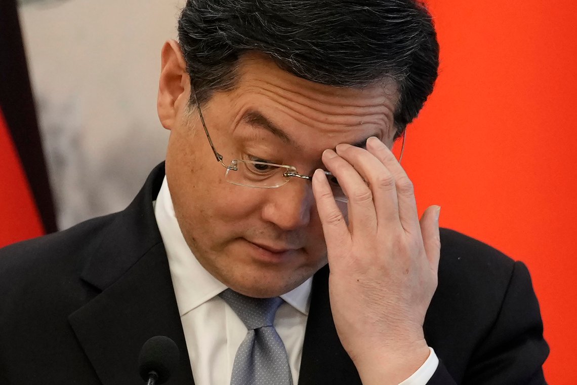 FILE - Chinese Foreign Minister Qin Gang attends a joint press conference with German Foreign Minister Annalena Baerbock at the Diaoyutai State Guesthouse in Beijing on April 14, 2023. China has removed outspoken foreign minister Qin Gang from office and replaced him with his predecessor, Wang Yi. In an announcement on Tuesday, July 25, 2023, state media gave no reason for Qin’s removal, but it comes after he dropped out of sight almost one month ago amid speculation over his personal affairs and political rivalries.((Suo Takekuma/Pool Photo via AP, File) FILE - Chinese Foreign Minister Qin Gang attends a joint press conference with German Foreign Minister Annalena Baerbock at the Diaoyutai State Guesthouse in Beijing on April 14, 2023. China has removed outspoken foreign minister Qin Gang from office and replaced him with his predecessor, Wang Yi. In an announcement on Tuesday, July 25, 2023, state media gave no reason for Qin’s removal, but it comes after he dropped out of sight almost one month ago amid speculation over his personal affairs and political rivalries.((Suo Takekuma/Pool Photo via AP, File)