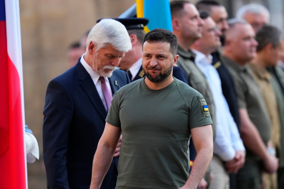 Czech Republic's President Petr Pavel, left, welcomes his Ukrainian counterpart Volodymyr Zelenskyy at the Prague Castle in Prague, Czech Republic, Thursday, July 6, 2023. (AP Photo/Petr David Josek) Czech Republic's President Petr Pavel, left, welcomes his Ukrainian counterpart Volodymyr Zelenskyy at the Prague Castle in Prague, Czech Republic, Thursday, July 6, 2023. (AP Photo/Petr David Josek)
