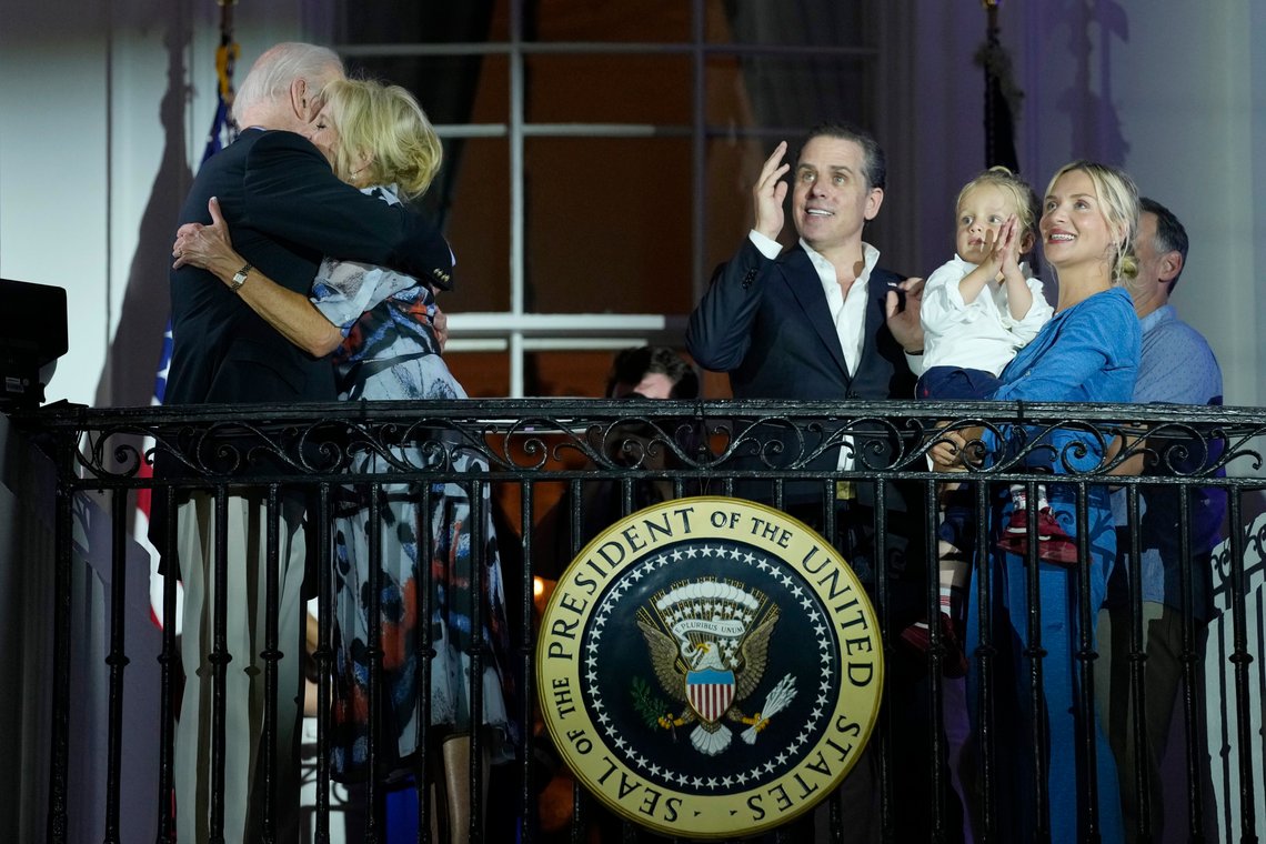 President Joe Biden and first lady Jill Biden, left, hug as Hunter Biden, his son Beau Biden and wife Melissa Cohen watch a fireworks show during a Fourth of July celebration at the White House in Washington, Tuesday, July 4, 2023. (AP Photo/Susan Walsh) President Joe Biden and first lady Jill Biden, left, hug as Hunter Biden, his son Beau Biden and wife Melissa Cohen watch a fireworks show during a Fourth of July celebration at the White House in Washington, Tuesday, July 4, 2023. (AP Photo/Susan Walsh)