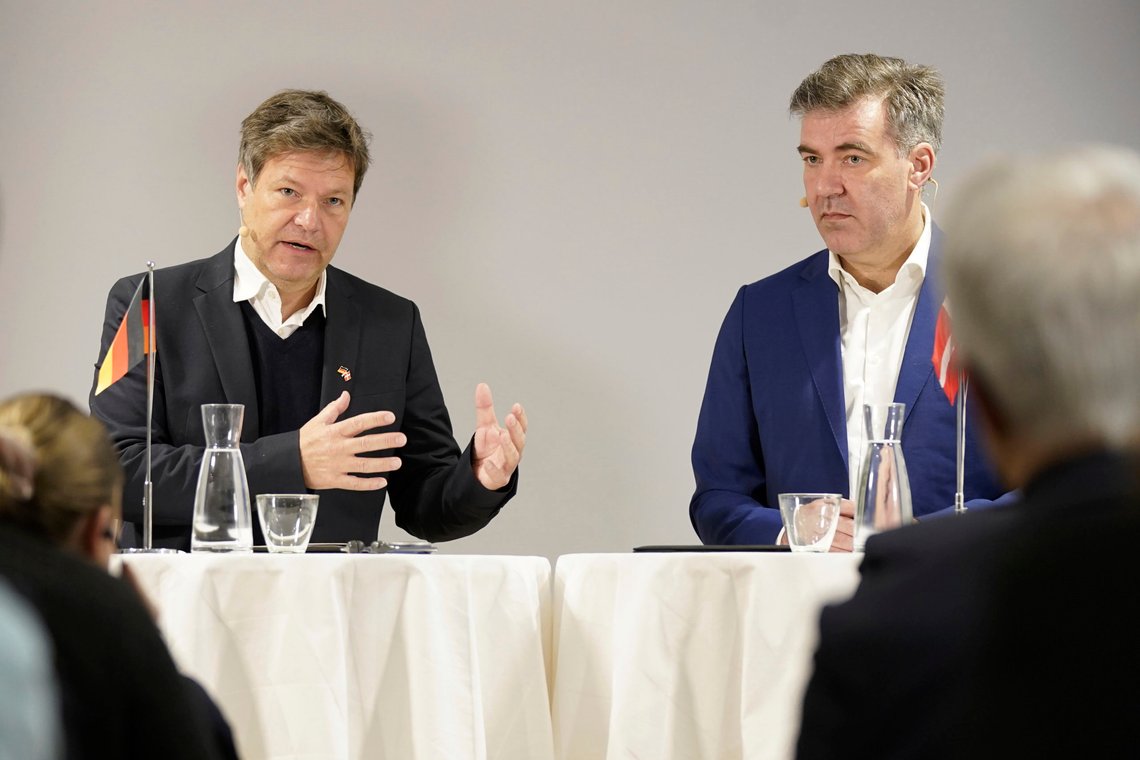 Germany's Economy and Climate Minister Vice Chancellor Robert Habeck, left, and Denmark's Climate, Energy and Supply Minister Lars Aagaard, speak during a press conference on Danish-German cooperation on hydrogen infrastructure and new climate technologies in Copenhagen, Denmark, Friday March, 24, 2023. The Danish and German climate ministers have signed a declaration on a new hydrogen pipeline.(Ida Marie Odgaard/Ritzau Scanpix via AP) Germany's Economy and Climate Minister Vice Chancellor Robert Habeck, left, and Denmark's Climate, Energy and Supply Minister Lars Aagaard, speak during a press conference on Danish-German cooperation on hydrogen infrastructure and new climate technologies in Copenhagen, Denmark, Friday March, 24, 2023. The Danish and German climate ministers have signed a declaration on a new hydrogen pipeline.(Ida Marie Odgaard/Ritzau Scanpix via AP)