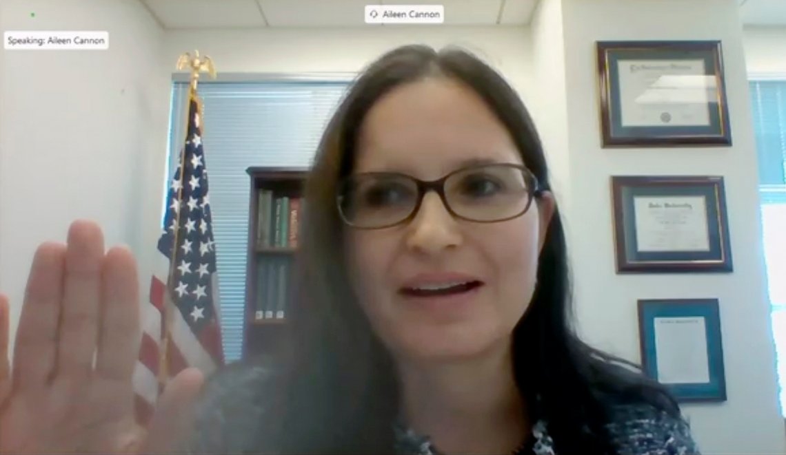 In this image from video provided by the U.S. Senate, Aileen M. Cannon raises her hand after being sworn in to testify remotely during a Senate Judiciary Committee oversight nomination hearing to be U.S. District Court for the Southern District of Florida on July 29, 2020, in Washington. (U.S. Senate via AP) In this image from video provided by the U.S. Senate, Aileen M. Cannon raises her hand after being sworn in to testify remotely during a Senate Judiciary Committee oversight nomination hearing to be U.S. District Court for the Southern District of Florida on July 29, 2020, in Washington. (U.S. Senate via AP)