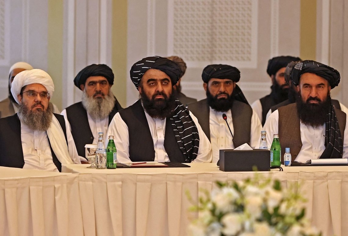 Members of the Taliban delegation Shahabuddin Delawar (L), Amir Khan Muttaqi, and Khairullah Khairkhwa (R) meet with foreign diplomats in Qatar's capital Doha, on October 12, 2021. Photo: Shutterstock by Salma Bashir Motiwala, Pakistan. Members of the Taliban delegation Shahabuddin Delawar (L), Amir Khan Muttaqi, and Khairullah Khairkhwa (R) meet with foreign diplomats in Qatar's capital Doha, on October 12, 2021. Photo: Shutterstock by Salma Bashir Motiwala, Pakistan.