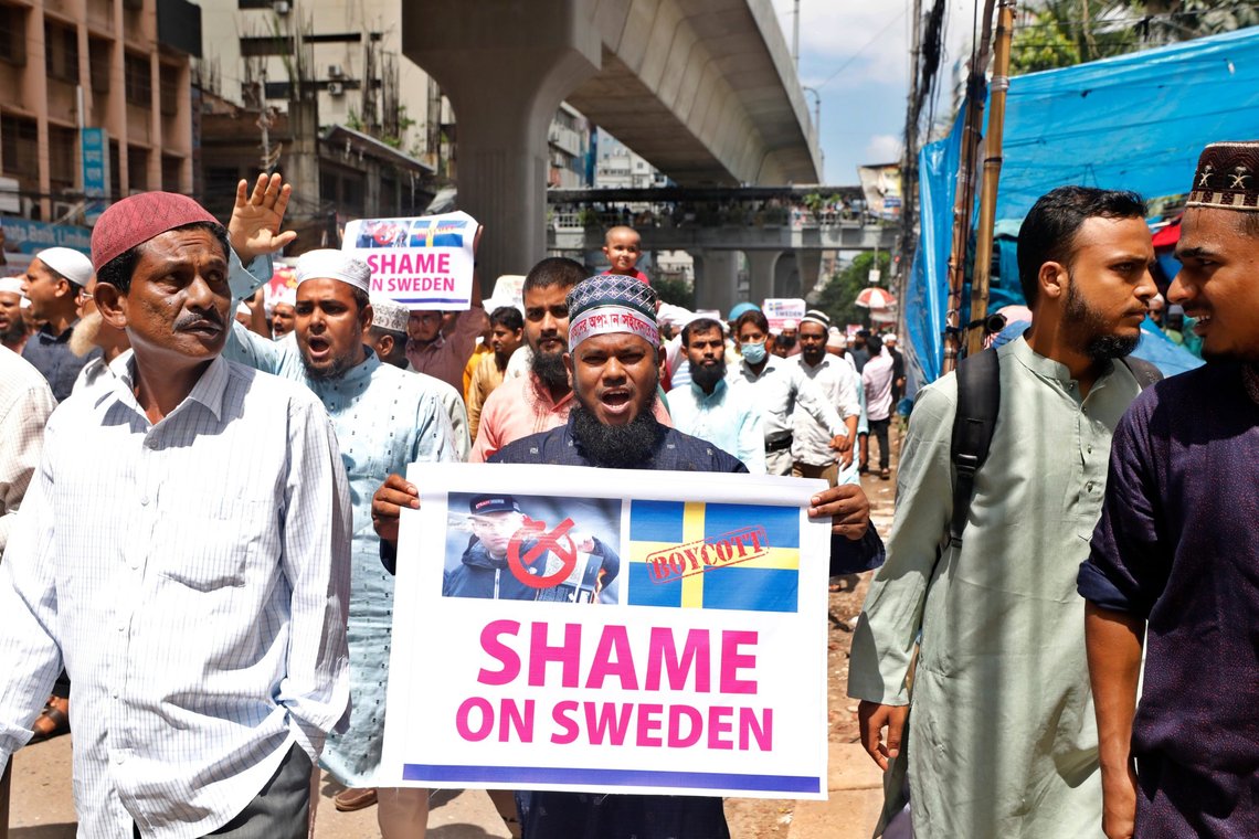 Dhaka, Bangladesh - July 07, 2023: Bangladeshi Muslims protested in front of after Jumma prayer Baitul Mokaram Mosque to protest against the desecration of Al Quran in Sweden. Photo: Shutterstock by Sk Hasan Ali, Bangladesh. Dhaka, Bangladesh - July 07, 2023: Bangladeshi Muslims protested in front of after Jumma prayer Baitul Mokaram Mosque to protest against the desecration of Al Quran in Sweden. Photo: Shutterstock by Sk Hasan Ali, Bangladesh.