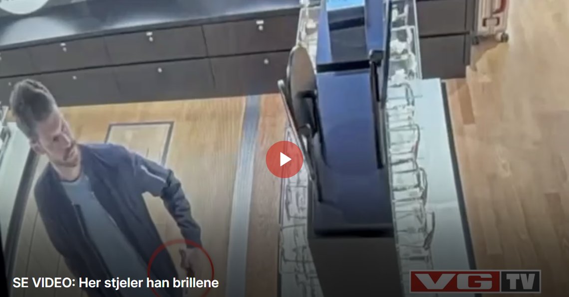 VG har publisert overvåkningsfilmen av situasjonen da Moxnes stjal et par solbriller. Skjermdump video/ VG VG har publisert overvåkningsfilmen av situasjonen da Moxnes stjal et par solbriller. Skjermdump video/ VG