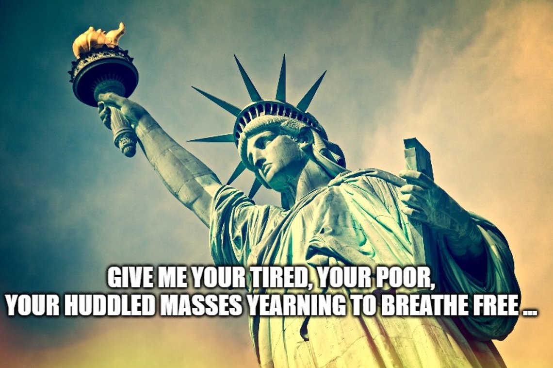 Close up of the Statue of Liberty, New York City. Photo: Shutterstock by Delpixel, France. Edited by Elisabeth Rooney. (- Gi meg dine trette, dine fattige, de undertrykte massene som higer etter å puste fritt. Løst oversatt, journ. anm,) Close up of the Statue of Liberty, New York City. Photo: Shutterstock by Delpixel, France. Edited by Elisabeth Rooney. (- Gi meg dine trette, dine fattige, de undertrykte massene som higer etter å puste fritt. Løst oversatt, journ. anm,)