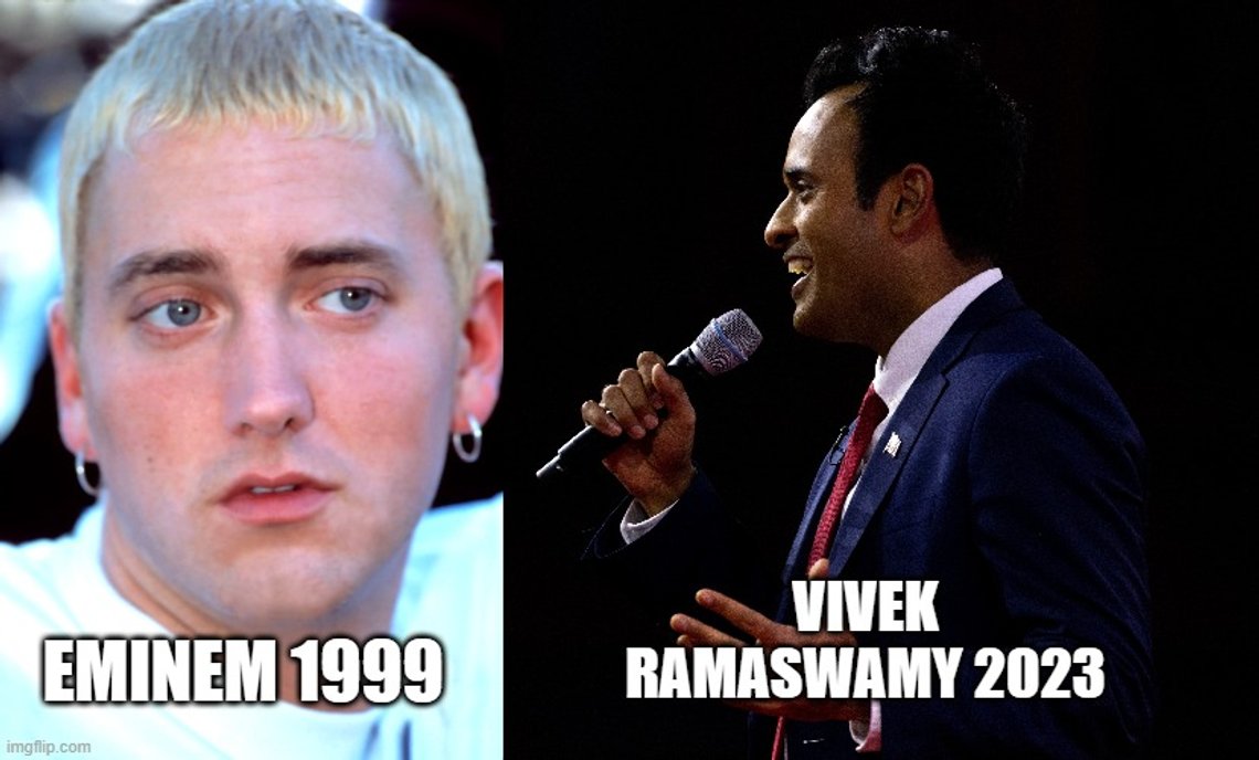 Photo 1: Eminem at Source Awards, LA, CA, 1999. Shutterstock by Everett Collection. Photo 2: National Harbor, MD US - Mar 3, 2023: Vivek Ramaswamy at the 2023 Conservative Political Action Conference (CPAC). Credit: Julia Nikhinson - CNP. Shutterstock by Consolidated News Photos. (Edited by E. Rooney) Photo 1: Eminem at Source Awards, LA, CA, 1999. Shutterstock by Everett Collection. Photo 2: National Harbor, MD US - Mar 3, 2023: Vivek Ramaswamy at the 2023 Conservative Political Action Conference (CPAC). Credit: Julia Nikhinson - CNP. Shutterstock by Consolidated News Photos. (Edited by E. Rooney)