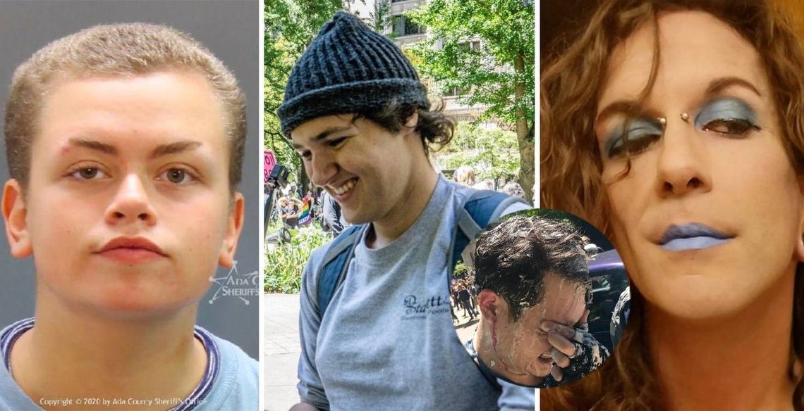 Foto: Twitter, Andy Ngo. Madison "Denny" Lee Allen, Katherine "Corbyn" Belyea and Sammich Overkill Schott-Deputy (formerly Joseph Christian Evans). Foto: Twitter, Andy Ngo. Madison "Denny" Lee Allen, Katherine "Corbyn" Belyea and Sammich Overkill Schott-Deputy (formerly Joseph Christian Evans).