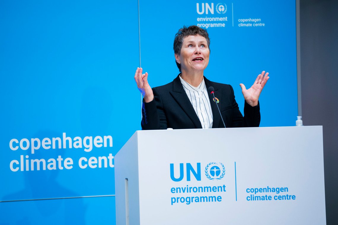 Grete Faremo, UN Under-Secretary General and UNOPS Executive Director speaks during the opening of the United Nation's new Climate Centre, The United Nations Environment Program (UNEP), in Copenhagen, Denmark, Tuesday, April 26, 2022. (Martin Sylvest/Ritzau Scanpix via AP) Grete Faremo, UN Under-Secretary General and UNOPS Executive Director speaks during the opening of the United Nation's new Climate Centre, The United Nations Environment Program (UNEP), in Copenhagen, Denmark, Tuesday, April 26, 2022. (Martin Sylvest/Ritzau Scanpix via AP)