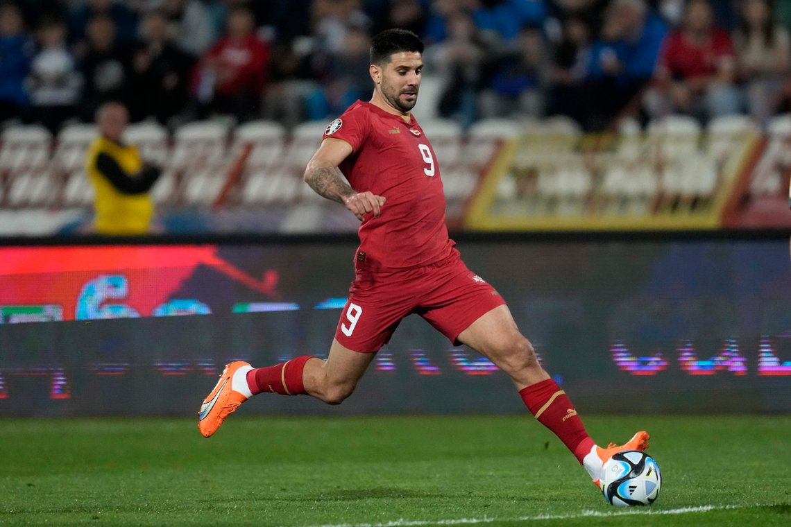 Serbia's Aleksandar Mitrovic controls the ball during the Euro 2024 group G qualifying soccer match between Serbia and Lithuania at the Rajko Mitic Stadium in Belgrade, Serbia, Friday, March 24, 2023. (AP Photo/Darko Vojinovic) Serbia's Aleksandar Mitrovic controls the ball during the Euro 2024 group G qualifying soccer match between Serbia and Lithuania at the Rajko Mitic Stadium in Belgrade, Serbia, Friday, March 24, 2023. (AP Photo/Darko Vojinovic)