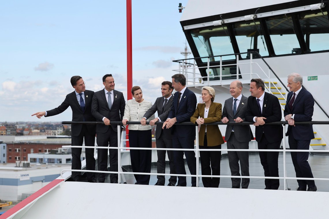 From left: Netherland's Prime Minister Mark Rutte, Ireland's Prime Minister Leo Varadkar, Denmark's Prime Minister Mette Frederiksen, French President Emmanuel Macron, Belgium's Prime Minister Alexander De Croo, European Commission President Ursula von der Leyen Germany's Chancellor Olaf Scholz, Luxembourg's Prime Minister Xavier Bettel and Norway's Prime Minister Jonas Gahr Store talk during the North Sea Summit in Ostend, Belgium, Monday, April 24, 2023. Leaders gather on Monday in the hopes of expanding a collective ambition to harness the full energy and industrial potential of the North Sea and make it the largest powerhouse of Europe by 2050. (AP Photo/Geert Vanden Wijngaert) From left: Netherland's Prime Minister Mark Rutte, Ireland's Prime Minister Leo Varadkar, Denmark's Prime Minister Mette Frederiksen, French President Emmanuel Macron, Belgium's Prime Minister Alexander De Croo, European Commission President Ursula von der Leyen Germany's Chancellor Olaf Scholz, Luxembourg's Prime Minister Xavier Bettel and Norway's Prime Minister Jonas Gahr Store talk during the North Sea Summit in Ostend, Belgium, Monday, April 24, 2023. Leaders gather on Monday in the hopes of expanding a collective ambition to harness the full energy and industrial potential of the North Sea and make it the largest powerhouse of Europe by 2050. (AP Photo/Geert Vanden Wijngaert)