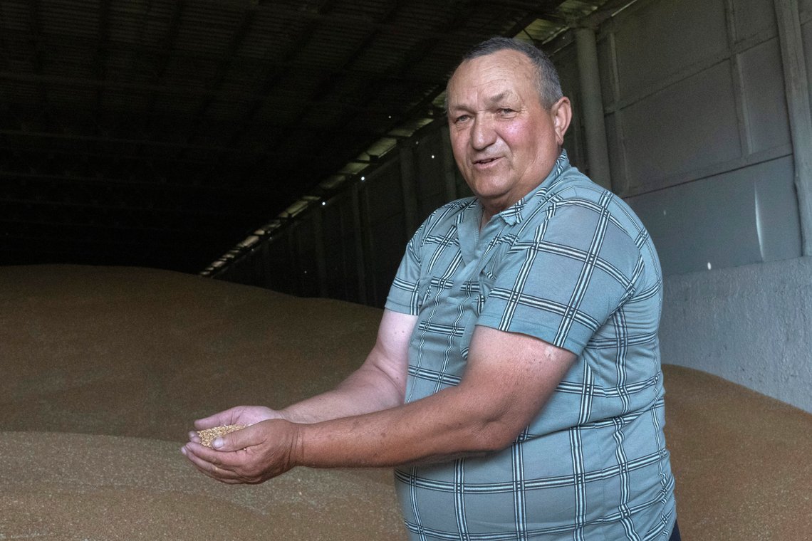 Victor Tsvik, an owner of a private farm, shows wheat in a granary in Zhurivka, Kyiv region, Ukraine, Thursday, Aug. 10, 2023. Tsvyk harvested 4,800 tons of wheat this month, but after Russia exited a wartime deal that allowed Ukraine to ship grain to the world, he has no idea where his produce will go. Or how his beloved farm will survive.(AP Photo/Efrem Lukatsky) Victor Tsvik, an owner of a private farm, shows wheat in a granary in Zhurivka, Kyiv region, Ukraine, Thursday, Aug. 10, 2023. Tsvyk harvested 4,800 tons of wheat this month, but after Russia exited a wartime deal that allowed Ukraine to ship grain to the world, he has no idea where his produce will go. Or how his beloved farm will survive.(AP Photo/Efrem Lukatsky)