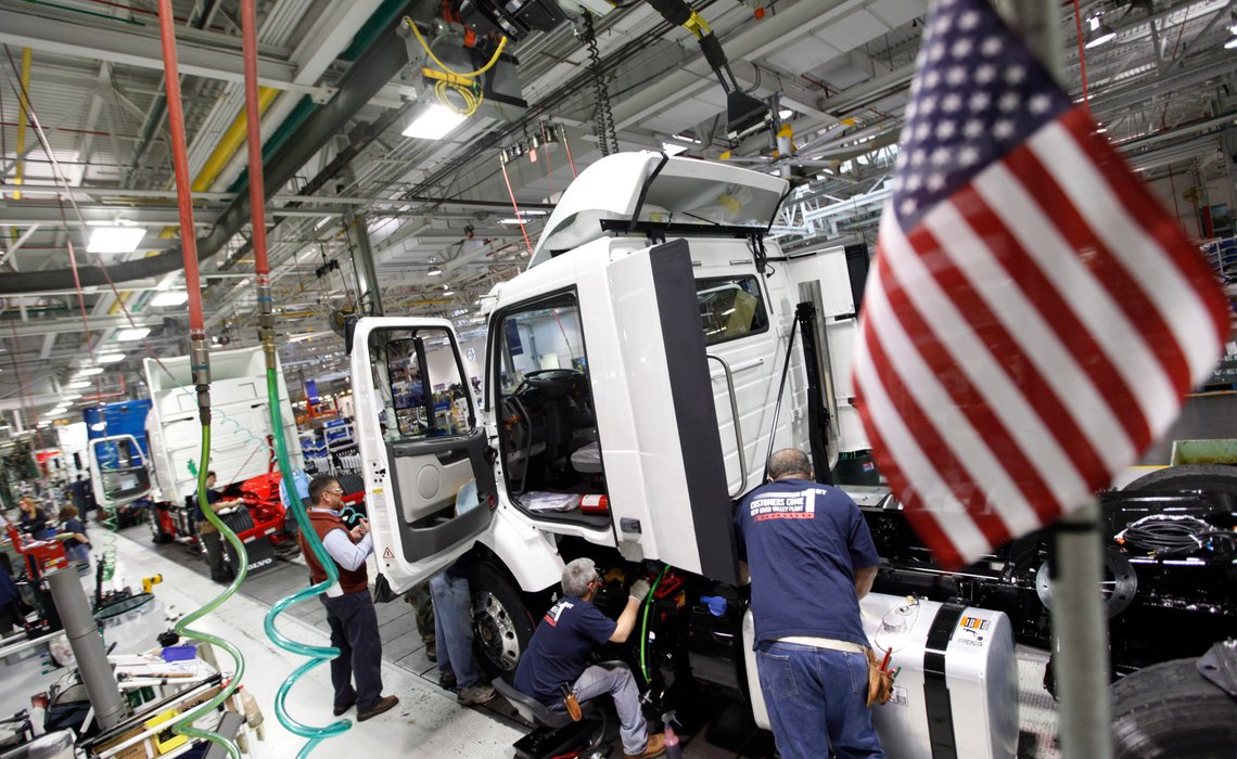 FILE - In a Jan. 6, 2011, file photo, workers install parts on a truck on the Volvo truck assembly line at the Volvo plant in Dublin, Va. A tentative labor deal between Volvo Trucks North America and a union representing nearly 3,000 workers who have gone on strike twice in 2021 at the Virginia truck plant was rejected by the striking workers, late Friday, July 9, 2021. (AP Photo/Steve Helber, File) FILE - In a Jan. 6, 2011, file photo, workers install parts on a truck on the Volvo truck assembly line at the Volvo plant in Dublin, Va. A tentative labor deal between Volvo Trucks North America and a union representing nearly 3,000 workers who have gone on strike twice in 2021 at the Virginia truck plant was rejected by the striking workers, late Friday, July 9, 2021. (AP Photo/Steve Helber, File)