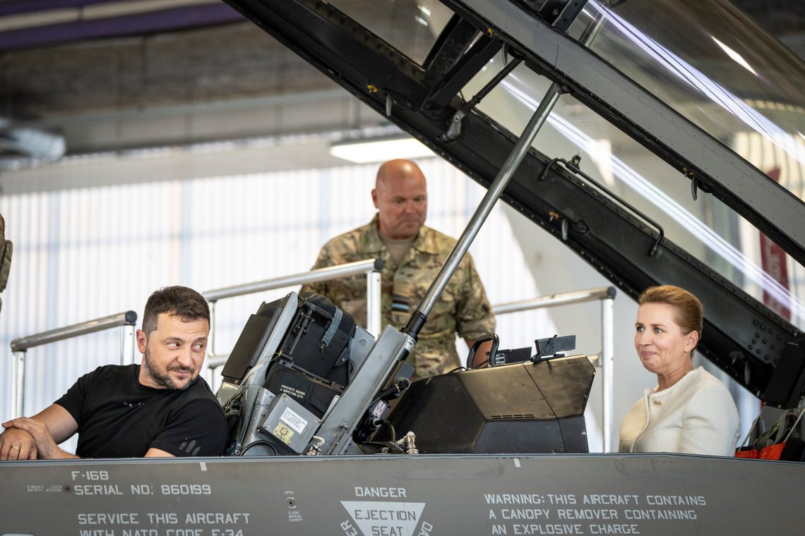 Ukrainian President Volodymyr Zelenskyy, left, and Denmark's Prime Minister Mette Frederiksen sit in a F-16 fighter jet at Skrydstrup Airbase, in Vojens, Denmark, Sunday, Aug. 20, 2023. (Mads Claus Rasmussen/Ritzau Scanpix via AP) Ukrainian President Volodymyr Zelenskyy, left, and Denmark's Prime Minister Mette Frederiksen sit in a F-16 fighter jet at Skrydstrup Airbase, in Vojens, Denmark, Sunday, Aug. 20, 2023. (Mads Claus Rasmussen/Ritzau Scanpix via AP)