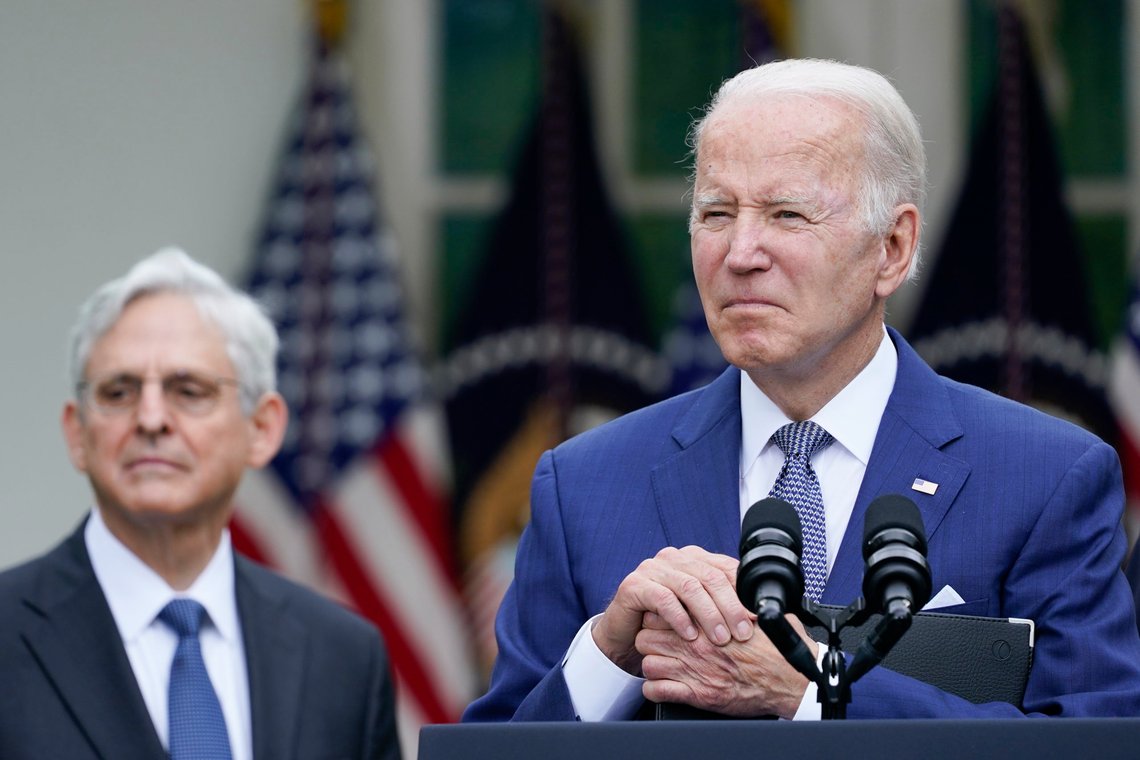 President Joe Biden listens to questions from members of the media after speaking in the Rose Garden of the White House in Washington, Friday, May 13, 2022, during an event to highlight state and local leaders who are investing American Rescue Plan funding. Attorney General Merrick Garland listens at left. (AP Photo/Susan Walsh) President Joe Biden listens to questions from members of the media after speaking in the Rose Garden of the White House in Washington, Friday, May 13, 2022, during an event to highlight state and local leaders who are investing American Rescue Plan funding. Attorney General Merrick Garland listens at left. (AP Photo/Susan Walsh)